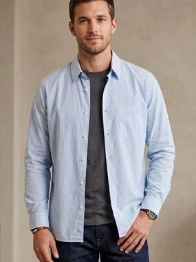 SANDRO Men's Light Blue Pinstripe Button-Down Shirt